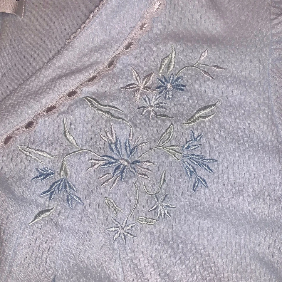 Miss Elaine Blue Cotton Embroidered Short Nightgown PL Button Front Sleepwear - Image 2 of 4