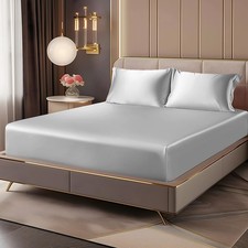 BEDELITE Satin Queen Fitted Sheet Pillowcases Set, Grey, 3 Pieces