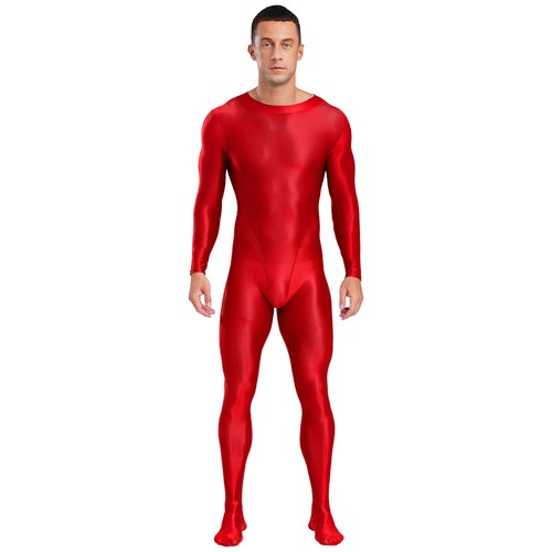 Mens Glossy Bodysuit Zip Back Suit Long Sleeve Leotards Footed Jumpsuit Bodysuit - Picture 56 of 68