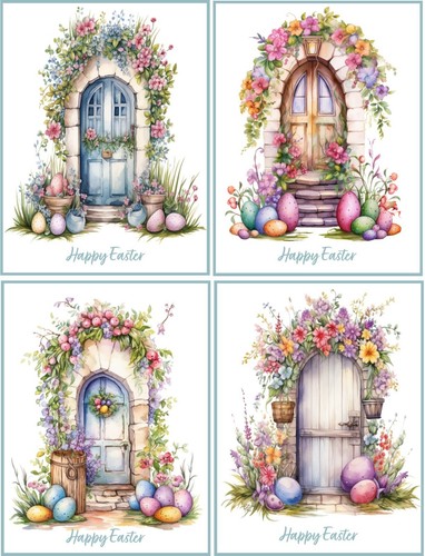 Easter Vintage Victorian front doors flowers egg watercolor 8 glossy blank card - Picture 2 of 3
