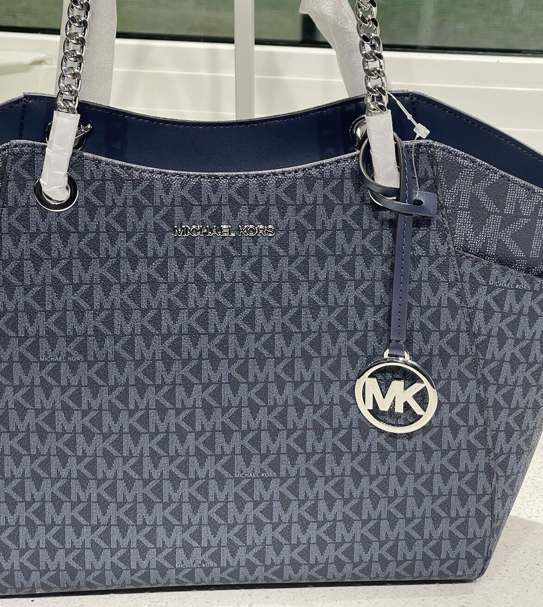 MICHAEL KORS JET SET TRAVEL LARGE CHAIN SHOULDER TOTE BAG MK NAVY