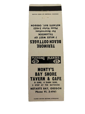 MONTY'S BAY SHORE TAVERN & CAFE Matchbook Matchcover - NETARTS BAY, OREGON