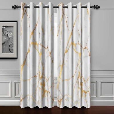 White & Gold Marble Art Fluid Gold Texture Blackout Drapes Grommets 53Wx108H