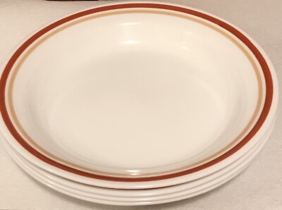 4 Rimmed Soup Pasta Bowls Cinnamon Chestnut Corelle Rust Tan Bands 8.5''