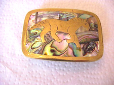 HAND MADE IN MEXICO SOLID BRASS BELT BUCKLE WITH HORSE  INLAID ABALONE