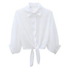 Damen Offene Vorderseite Hemd Gebunden Chiffon Bolero Bauchfrei Kurz Ärmel Bluse