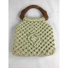 Vintage 1970s Macrame Crochet Beige Ivory Bag Purse Wooden Handle