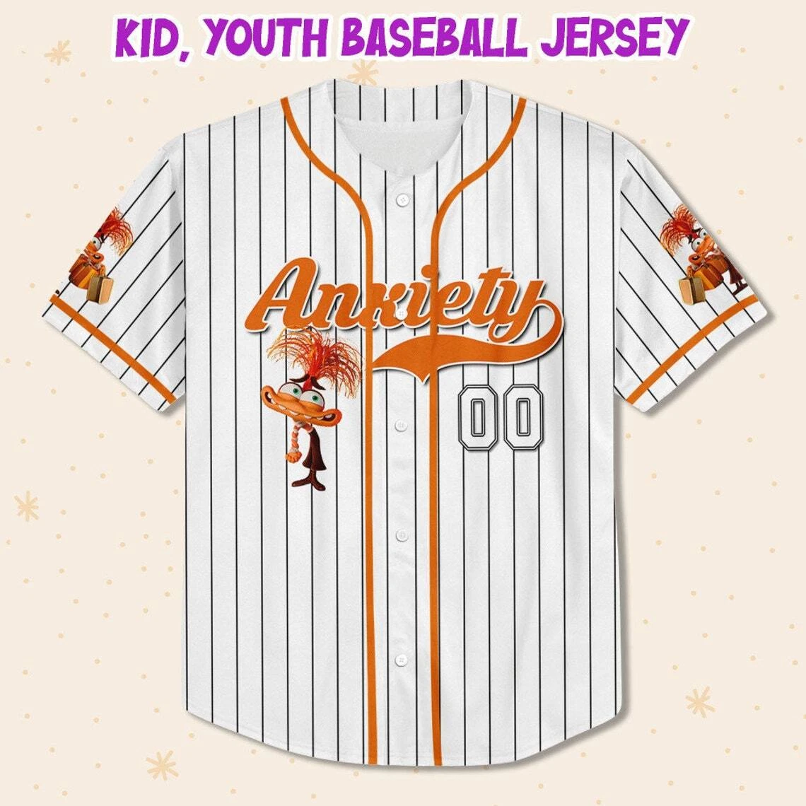 Personalize Anxiety Jersey Orange White, Disney Baseball Team Jersey, Inside Out