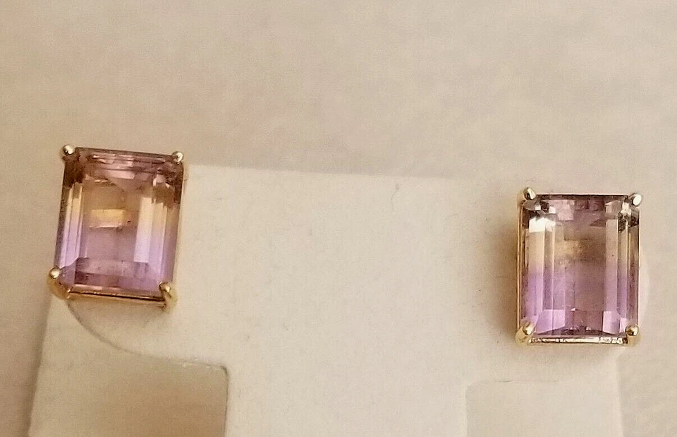 Natural 11x9 mm Emerald Cut Ametrine 14K Yellow Gold Stud Earrings 4.2 Grams - Image 2 of 4