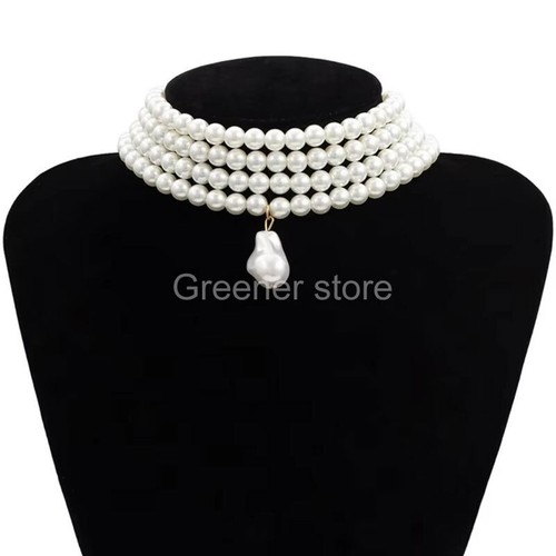 Women Multilayer White Imitation-Pearl Choker Fashion Wide Bib Necklace Jewelry - Picture 12 of 14