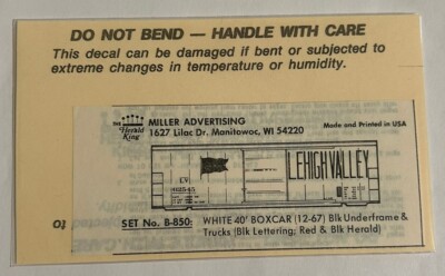 HERALD KING HO DECAL-LEHIGH VALLEY 40  BOX CAR-WHITE w/BLK & RED LETT #B-850