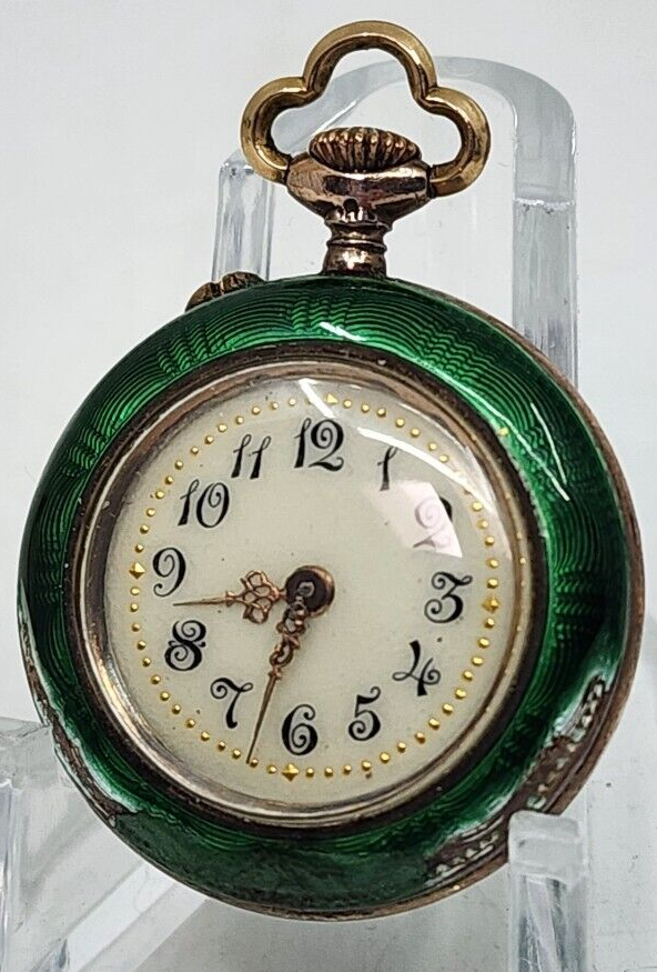 Vintage Pery Argent Dore Green Enamel Pocket Watch .935 Silver VG+ Runs