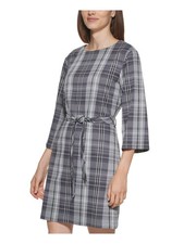 CALVIN KLEIN Womens Gray Pullover Plaid 3/4 Sleeve Short Shift Dress 14