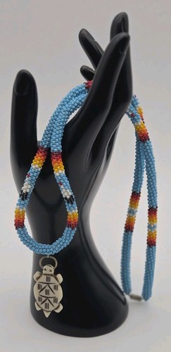 Hand Beaded Blue Seed Bead Necklace Carved Turtle Pendant Southwestern Style