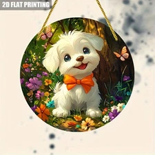2D Flat,Retro Mini Animal Art Painting - Round Aluminum Wall Decor,Cute Puppy &