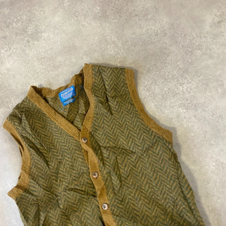Pendleton Sweater Vest Mens Medium Lambs Wool Herringbone Vintage Jumper, Green - Image 3 of 4