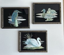 3 x Vintage Pencricket Framed Foil Bird Pictures. Swans, Ducks, Kingfisher.