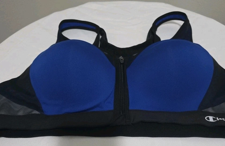 Sujetador deportivo Champion para mujer 42B azul negro cremallera frontal alto impacto atlético B1525 Foto 2 de 4