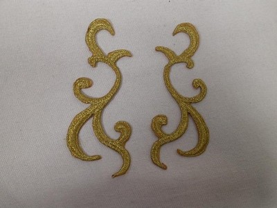 Pair Gold Metallic Scrolls Costume Iron On Embroidered Patches 4.38 Inches