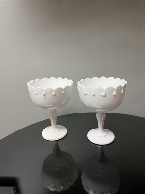 2 Vtg Indiana White Milk Glass Tear Drop Compote Pedestal Candy/Planter Dishes