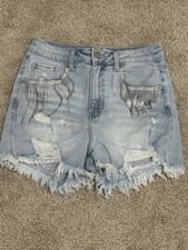 Risen High Rise Rhinestone Shorts Light Wash Distressed Fringe Womens Medium