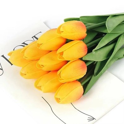 10Pcs Real Touch Pink Tulips - Silk Flowers for Home, Wedding & Office Decor