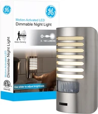 LED Night Light, Motion Sensing, Dimmable, Louver Shade, Brushed Nickel, Plug-in