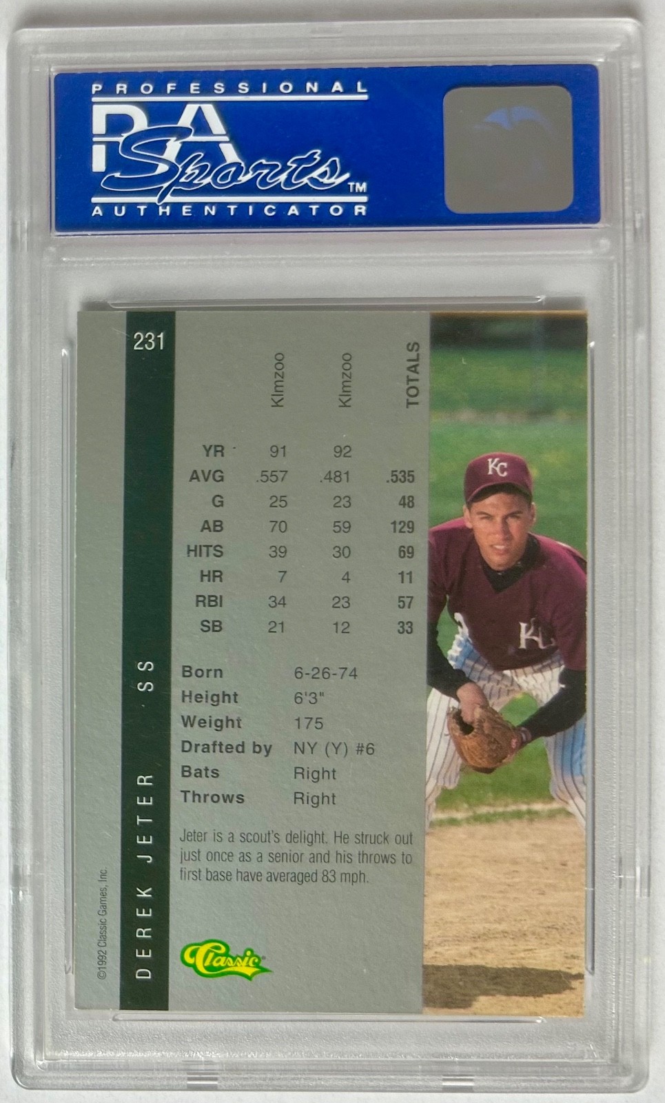 *MLB BASEBALL* Classic 4 sport  card #231 PSA-9 MINT "1992 DEREK JETER (HOF)" view 5