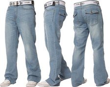 Kruze Mens Bootcut Jeans Wide Leg Flare Denim Belted Trouser Pants UK Waist Size