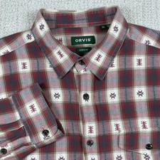 Orvis Men's XL Active Fit Red Plaid Aztec Flannel Long Sleeve Button Up Shirt