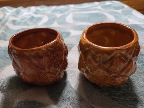 Pair Of Vintage Studio Art Mugs Puerto Rico. Pineapple Tiki Frog. Artist Signed 