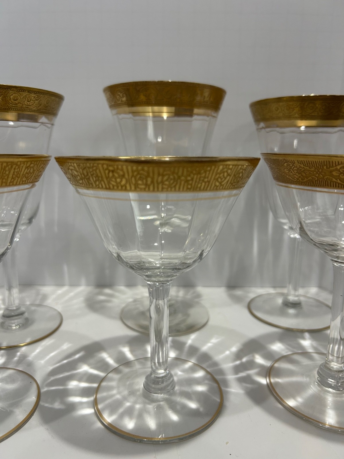 6  Tiffin-Franciscan Minton Optic Glass Gold Trim Footed Glasses assorted Sizes