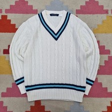 Vintage Fearnley Cable knit Sweater jumper v neck cream size XL mens cricket