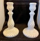 2 Vintage Fenton Milk Glass Hobnail Candlestick Holders 9" Tall
