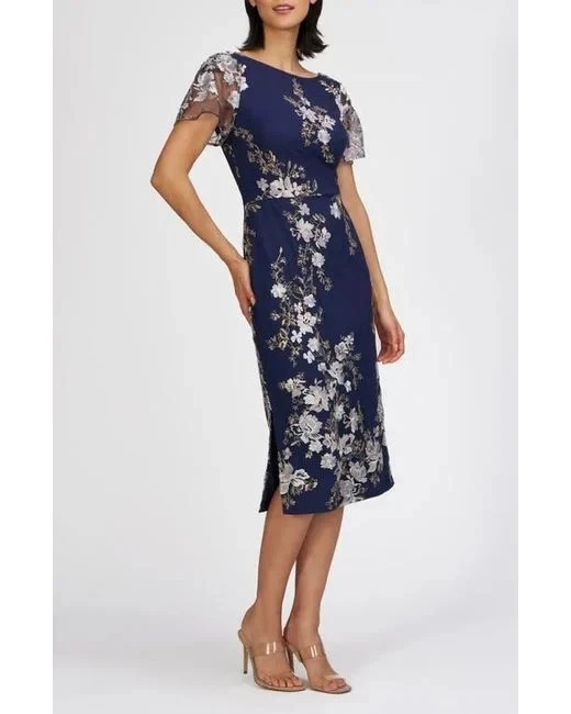 JS Collections Navy Blue Esmerelda Embroidered Cocktail Midi Dress Size 4 $268 - Image 2 of 4
