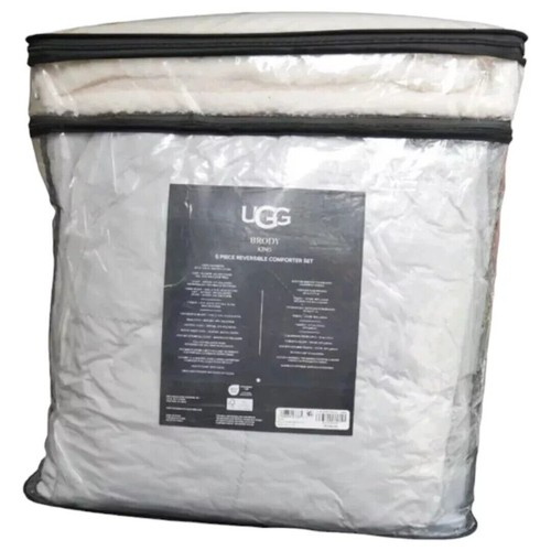 UGG Reversible KING Size Comforter 5 PC Set Heavy Plush Cord Gray/Off White NEW - Picture 12 of 13
