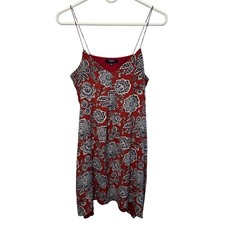 Madewell Red Floral Block Print Silk-Feel V-Neck Slip Dress Medium Handkerchief