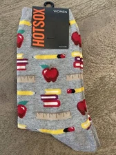 HOTSOX Teacher Socks Women's Crew 9-11 Fits Shoe 4-10.5 Gray Pencil Apple NEW