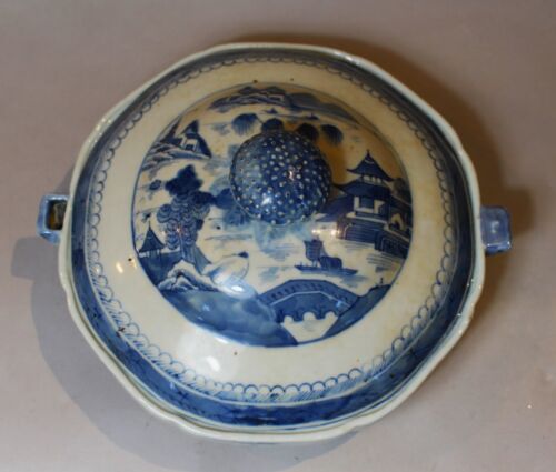 19th c. Chinese Export Canton Blue & White Porcelain Covered Warming Dish c.1850 - Picture 2 of 8
