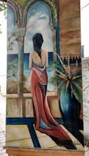 Hand Painted Lady in the Balcony Oil Painting on unframed canvas 20"x40"