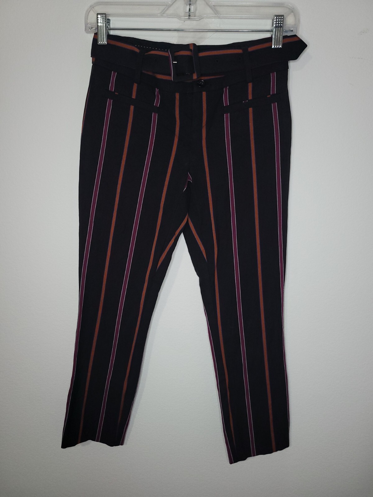 Anthropologie The Essential Slim Womens 00 P Black Striped Pants With Belt
