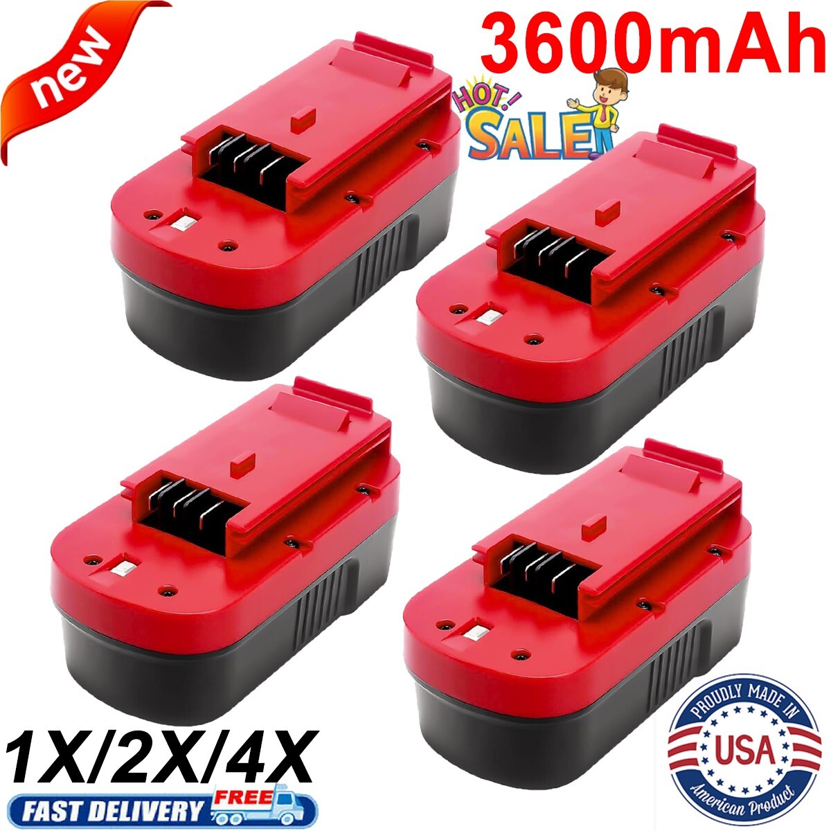4PACK HPB18 Battery Replacement FOR Black AND Decker 18VOLT