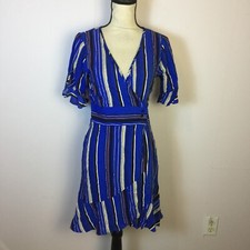 NWT Band of gypsies Wrap A-Line Mini Dress Size M Womans Blue Striped Ruffle Hem