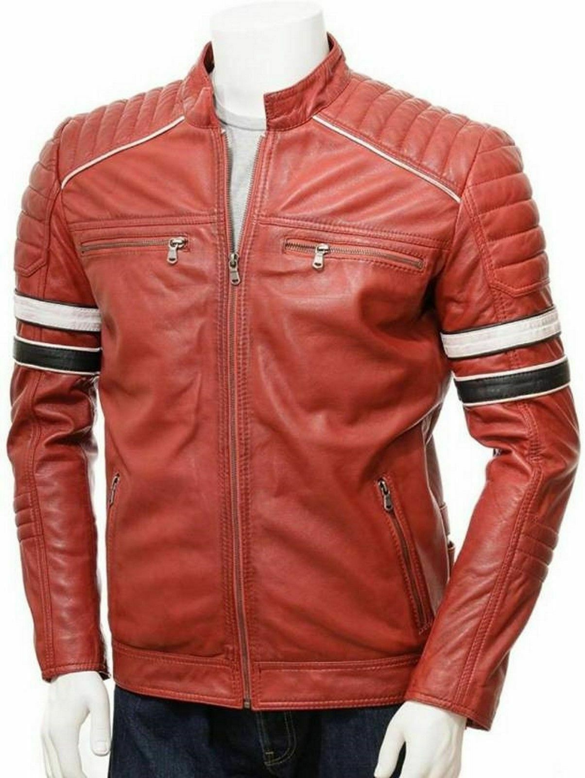 Leather Jacket Men's Genuine Lambskin Red Jacket Black & White Stripes Biker-image