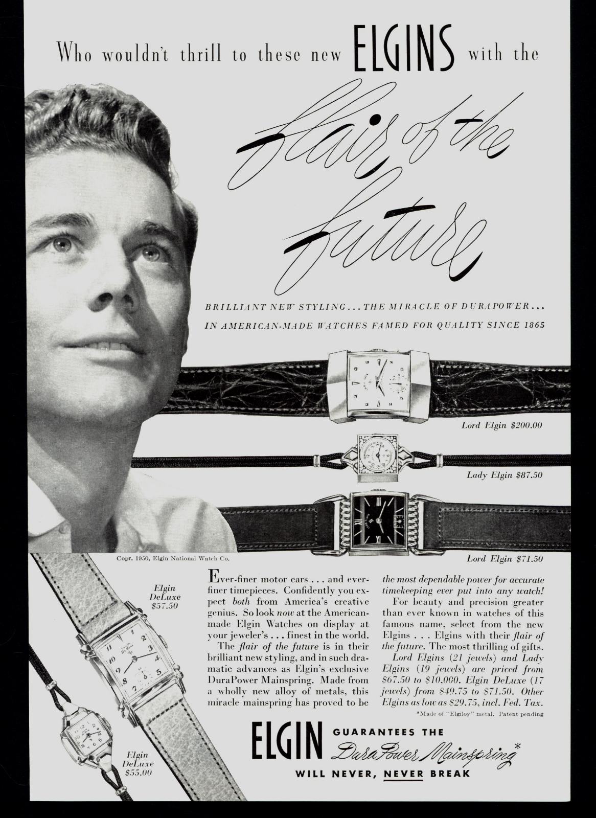1950 Elgin Deluxe Lady Elgin & Lord Elgin Watches Handsome Man Vintage Print Ad