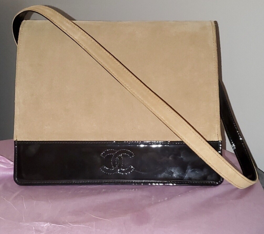 Vintage Authentic Chanel Black Patent and Tan Suede Flap Logo Bag NWOB image 10