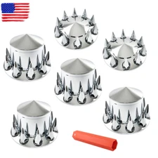 Front & Rear Semi Truck Wheel Axle Covers Spiked Chrome Hub Cover Kit 33mm