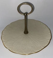 Lenox Fine China Embossed Gold Edged Serving / Candy Dish w/ Metal Handle ~ 8”