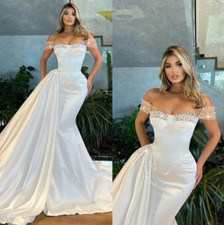 Elegant Satin Mermaid Wedding Dresses Illusion Pearls Off Shoulder Bridal Gowns