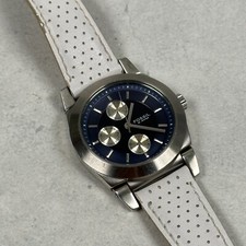 Fossil Watch Womens 38mm Blue Dial Day Date Silver Tone White Band New Battery